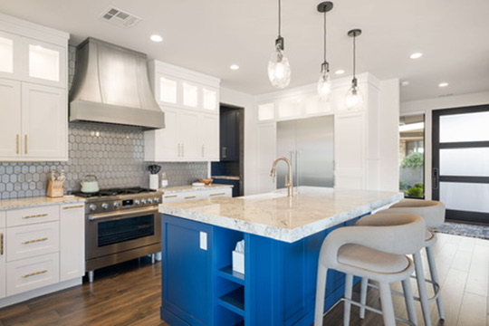 Kitchen with blue island